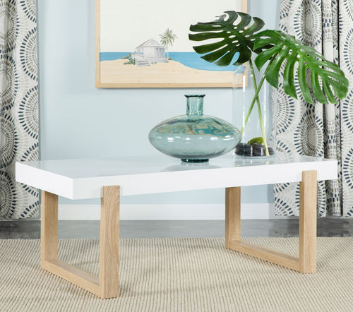Pala Rectangular Coffee Table with Sled Base White High Gloss and Natural image