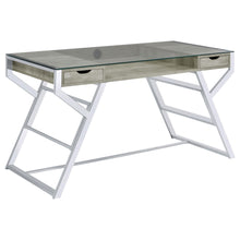 Load image into Gallery viewer, Emelle 2-drawer Glass Top Writing Desk Grey Driftwood and Chrome image
