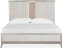 Load image into Gallery viewer, Magnussen Furniture Lenox King Panel Bed with Upholstered PU Fretwork Headboard in Acadia White image
