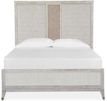 Load image into Gallery viewer, Magnussen Furniture Lenox Queen Panel Bed with Upholstered PU Fretwork Headboard in Acadia White image

