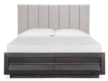 Load image into Gallery viewer, Magnussen Furniture Wentworth Village California King Upholstered Bed with Wood/Metal Footboard in Sandblasted Oxford Black image

