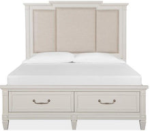 Load image into Gallery viewer, Magnussen Furniture Willowbrook Queen Storage Bed with Upholstered Headboard in Egg Shell White
