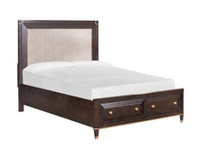 Load image into Gallery viewer, Magnussen Furniture Zephyr Queen Upholstered Panel Storage Bed in Sable image
