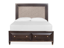 Load image into Gallery viewer, Magnussen Furniture Zephyr Queen Upholstered Panel Storage Bed in Sable
