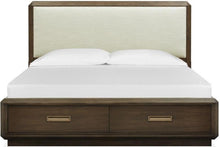 Load image into Gallery viewer, Magnussen Furniture Nouvel King Panel Storage Bed w/Upholstered Headboard in Russet image
