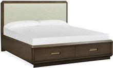 Load image into Gallery viewer, Magnussen Furniture Nouvel Queen Panel Storage Bed w/Upholstered Headboard in Russet

